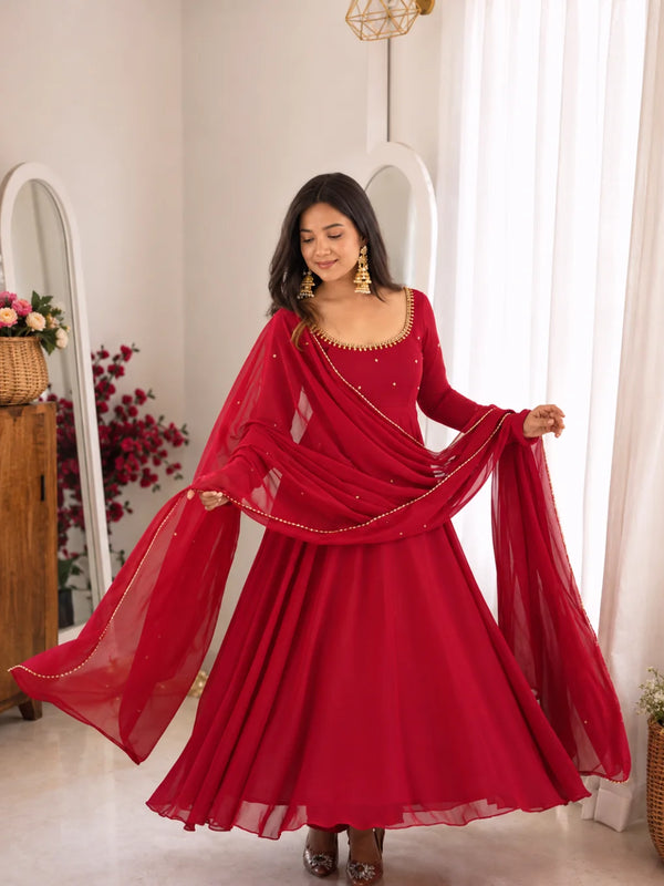 Ruby Maroon Embellished Anarkali Suit Set for Women