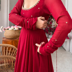 Ruby Maroon Embellished Anarkali Suit Set for Women