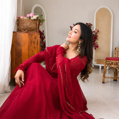 Ruby Maroon Embellished Anarkali Suit Set for Women