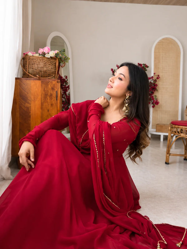 Ruby Maroon Embellished Anarkali Suit Set for Women
