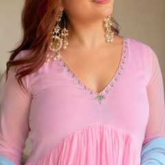 Blush Pink Pleated Anarkali Set with Sky Blue Dupatta