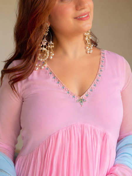 Blush Pink Pleated Anarkali Set with Sky Blue Dupatta