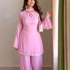 Women's Pastel Pink 3-Piece Kurta Palazzo Set with Dupatta