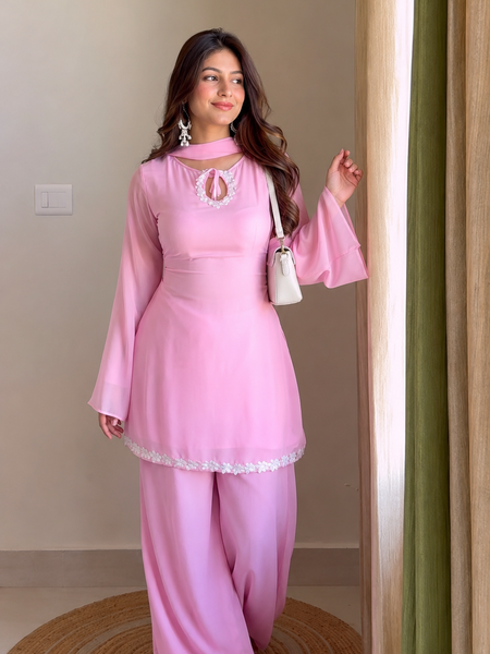Women's Pastel Pink 3-Piece Kurta Palazzo Set with Dupatta