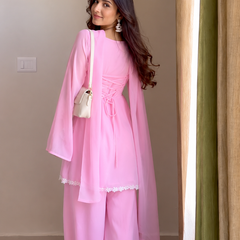 Women's Pastel Pink 3-Piece Kurta Palazzo Set with Dupatta