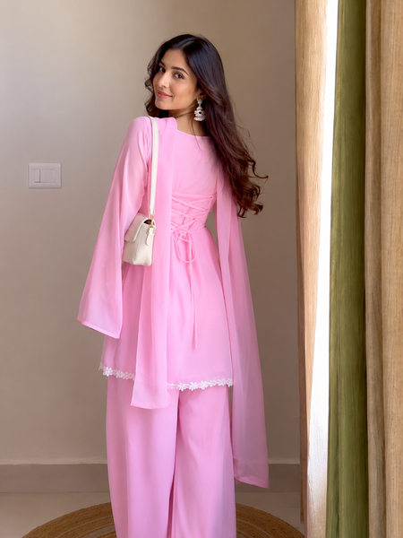 Women's Pastel Pink 3-Piece Kurta Palazzo Set with Dupatta