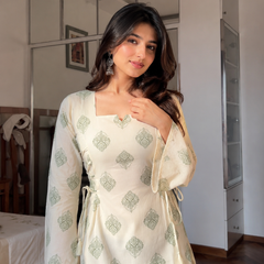 Women's Off White Rayon Cotton Short Kurti with Green Buta Print