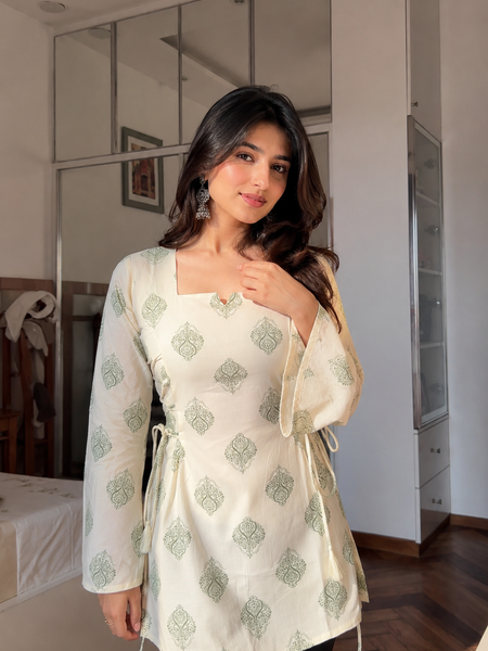 Women's Off White Rayon Cotton Short Kurti with Green Buta Print