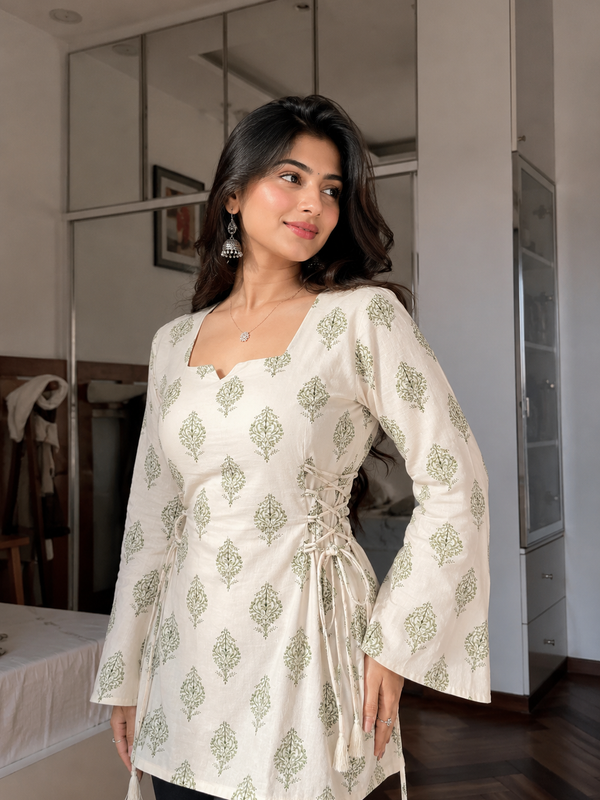 Women's Off White Rayon Cotton Short Kurti with Green Buta Print