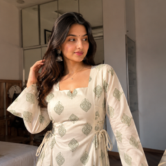 Women's Off White Rayon Cotton Short Kurti with Green Buta Print