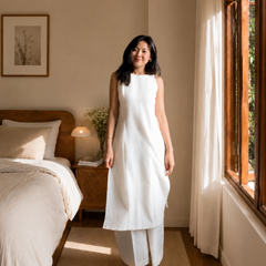 Women's Sleeveless Ivory Cotton Kurta Set with Straight Pants