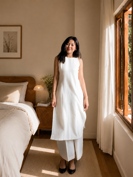 Women's Sleeveless Ivory Cotton Kurta Set with Straight Pants