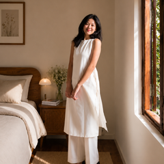 Women's Sleeveless Ivory Cotton Kurta Set with Straight Pants