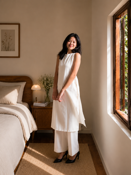 Women's Sleeveless Ivory Cotton Kurta Set with Straight Pants