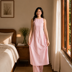Women's Sleeveless Cotton Kurta Set with Straight Pants – Ivory / Blush Pink