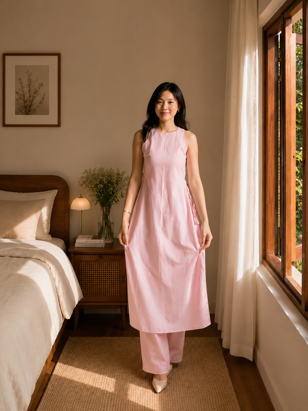 Women's Sleeveless Cotton Kurta Set with Straight Pants – Ivory / Blush Pink