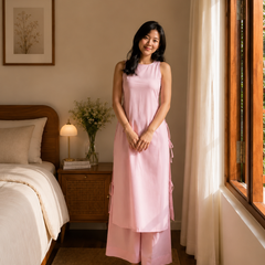 Women's Sleeveless Cotton Kurta Set with Straight Pants – Ivory / Blush Pink