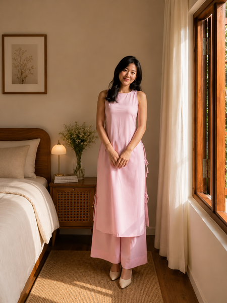Women's Sleeveless Cotton Kurta Set with Straight Pants – Ivory / Blush Pink