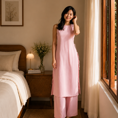 Women's Sleeveless Cotton Kurta Set with Straight Pants – Ivory / Blush Pink