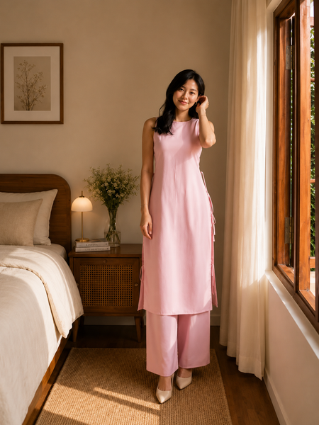 Women's Sleeveless Cotton Kurta Set with Straight Pants – Ivory / Blush Pink