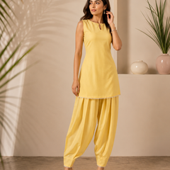 Women's Butter Yellow Cotton Kameez Set with Farshi Salwar