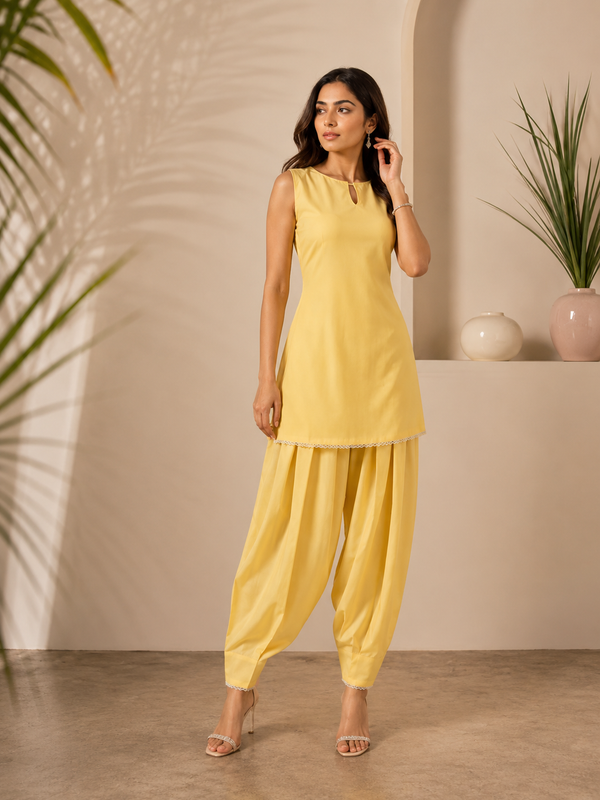 Women's Butter Yellow Cotton Kameez Set with Farshi Salwar