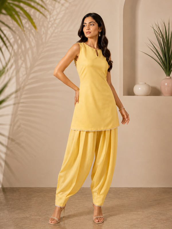 Women's Butter Yellow Cotton Kameez Set with Farshi Salwar