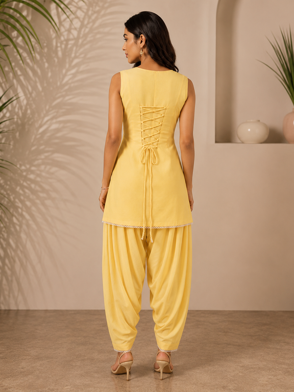 Women's Butter Yellow Cotton Kameez Set with Farshi Salwar