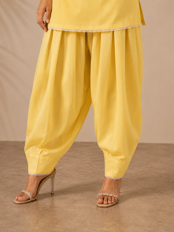 Women's Butter Yellow Cotton Kameez Set with Farshi Salwar