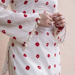 Women's White Cotton Kurta with Red Block Print & Bell Sleeves