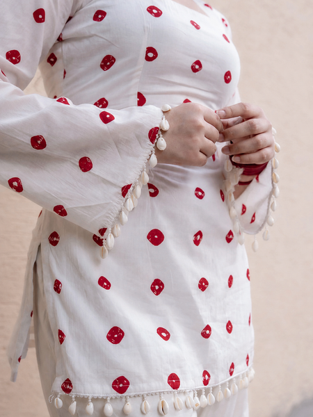 Women's White Cotton Kurta with Red Block Print & Bell Sleeves