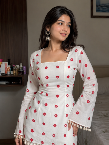 Women's White Cotton Kurta with Red Block Print & Bell Sleeves