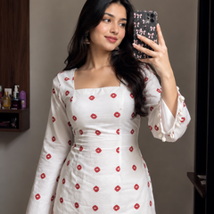 Women's White Cotton Kurta with Red Block Print & Bell Sleeves