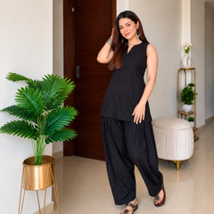 Women's Solid Black Sleeveless Co-Ord Set