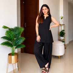 Women's Solid Black Sleeveless Co-Ord Set