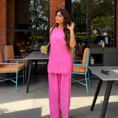 Women's Candy Pink Sleeveless Cotton Kurta Set with Farshi Salwar