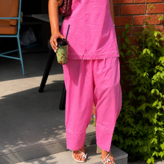 Women's Candy Pink Sleeveless Cotton Kurta Set with Farshi Salwar