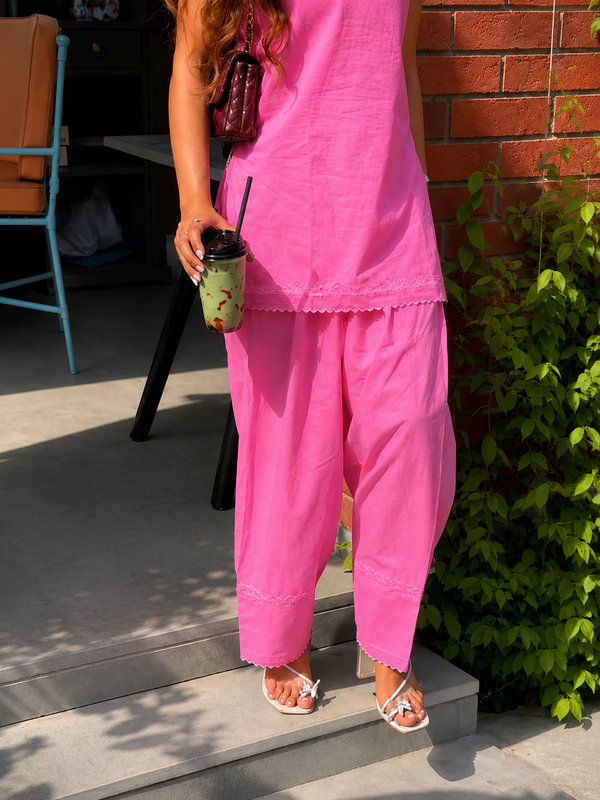 Women's Candy Pink Sleeveless Cotton Kurta Set with Farshi Salwar