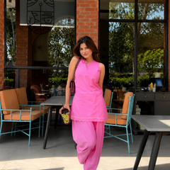 Women's Candy Pink Sleeveless Cotton Kurta Set with Farshi Salwar