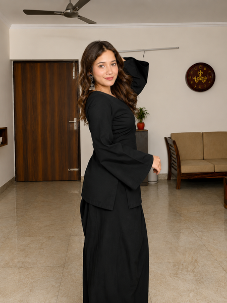 Women's Solid Black Cotton Kurta Set with Farshi Salwar