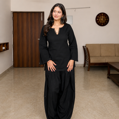 Women's Solid Black Cotton Kurta Set with Farshi Salwar