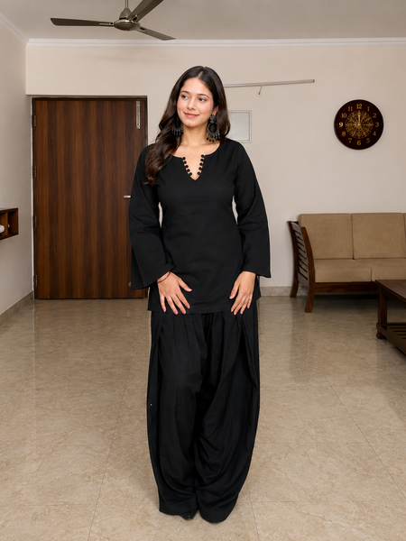 Women's Solid Black Cotton Kurta Set with Farshi Salwar