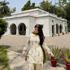 Women's Floral Printed Cotton Kurta Set with Dupatta – 3 Piece Ivory & Olive Green