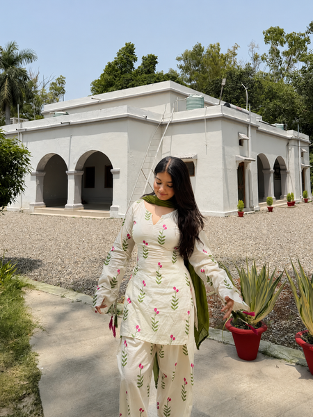 Women's Floral Printed Cotton Kurta Set with Dupatta – 3 Piece Ivory & Olive Green