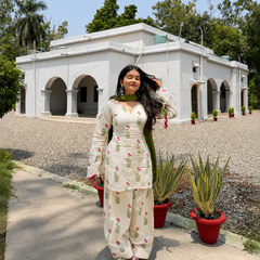 Women's Floral Printed Cotton Kurta Set with Dupatta – 3 Piece Ivory & Olive Green