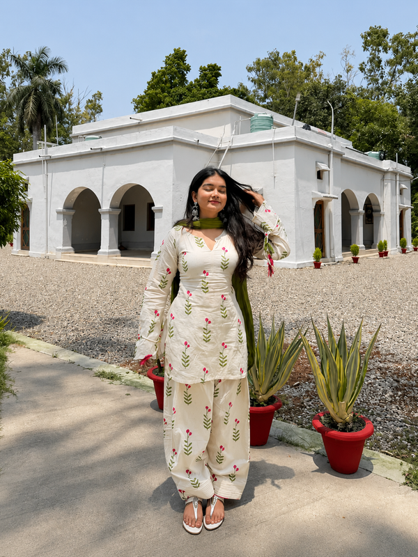 Women's Floral Printed Cotton Kurta Set with Dupatta – 3 Piece Ivory & Olive Green