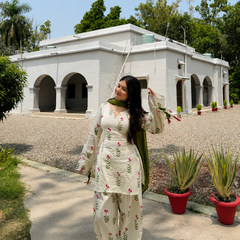 Women's Floral Printed Cotton Kurta Set with Dupatta – 3 Piece Ivory & Olive Green