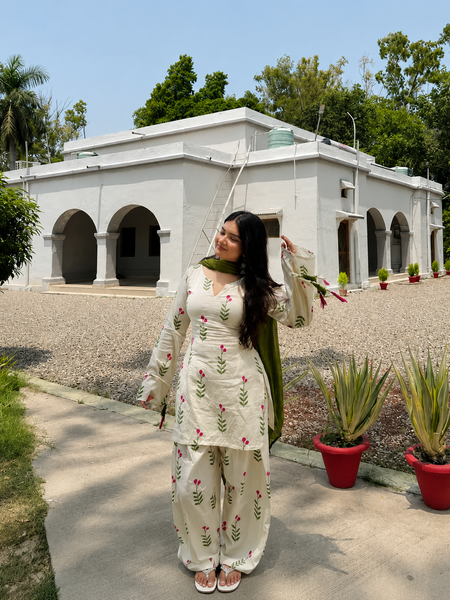 Women's Floral Printed Cotton Kurta Set with Dupatta – 3 Piece Ivory & Olive Green