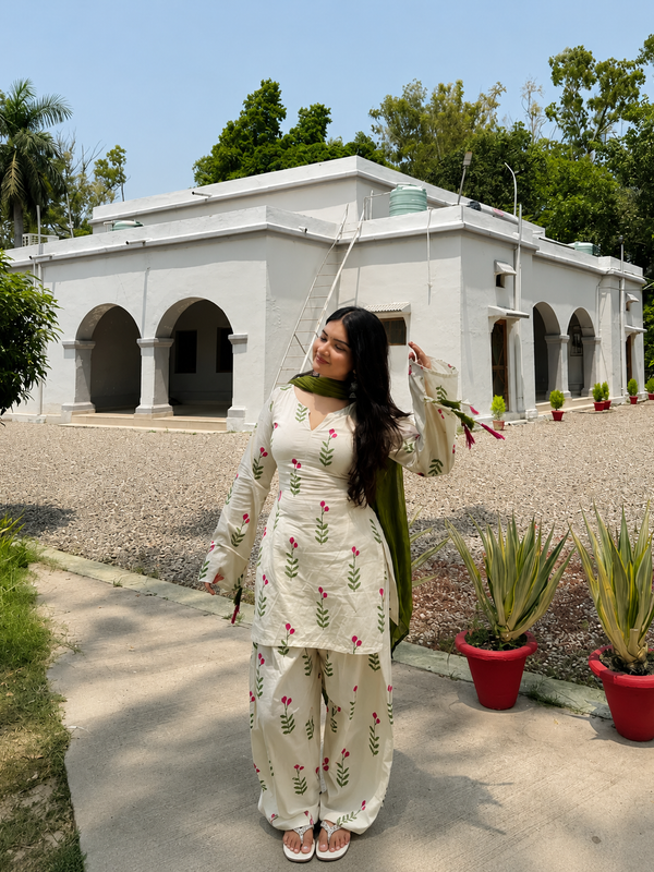 Women's Floral Printed Cotton Kurta Set with Dupatta – 3 Piece Ivory & Olive Green