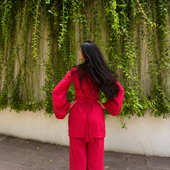 Women's Crimson Red Cotton Kurta Set with Straight Pants – Sweetheart Neck